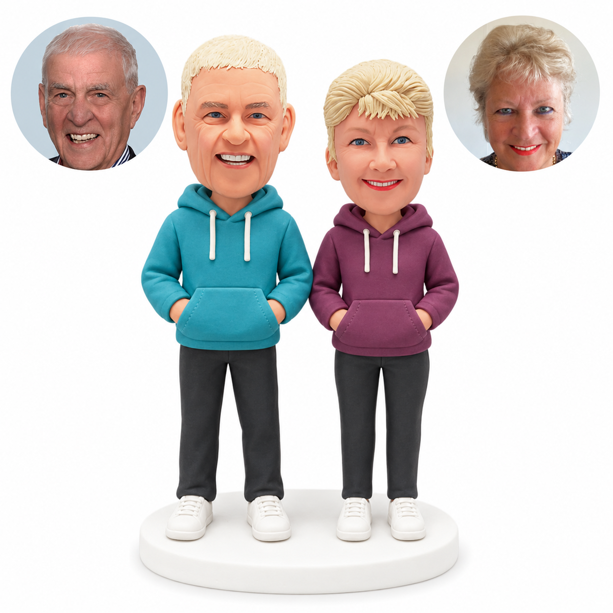 custom bobblehead figures couple with both hands in their hoodie pockets