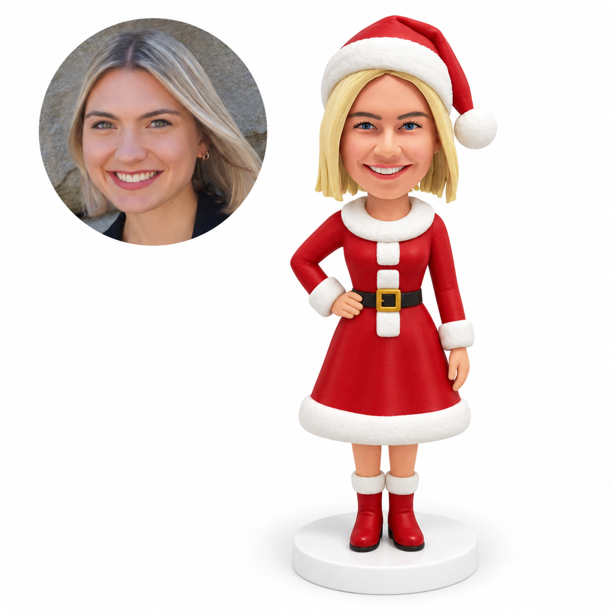 custom bobblehead figure woman in Santa dress with one hand on hip; original own-site sculpted polymer-clay head and matching human photo.