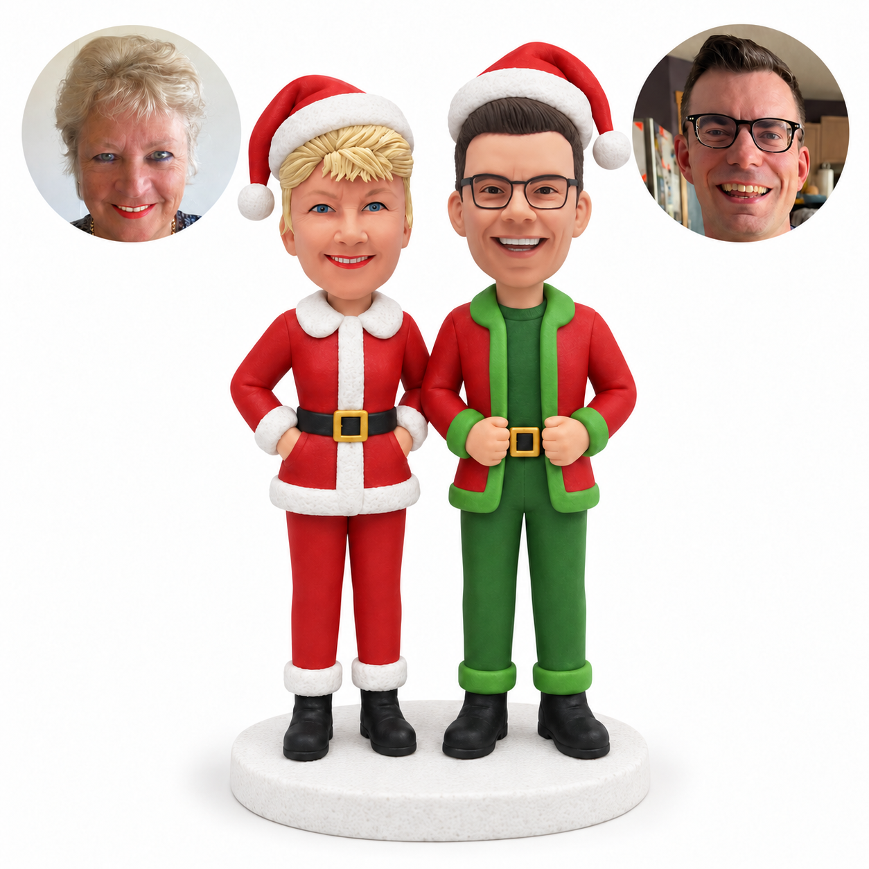 custom bobblehead figures Christmas couple with woman hands in pockets and man hands at waist; original own-site sculpted clay heads and their own matching human portraits.