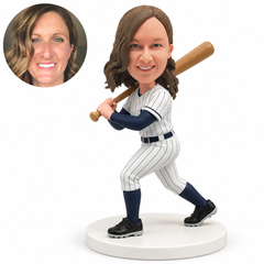 custom bobblehead figure female baseball batter holding a bat across her shoulder