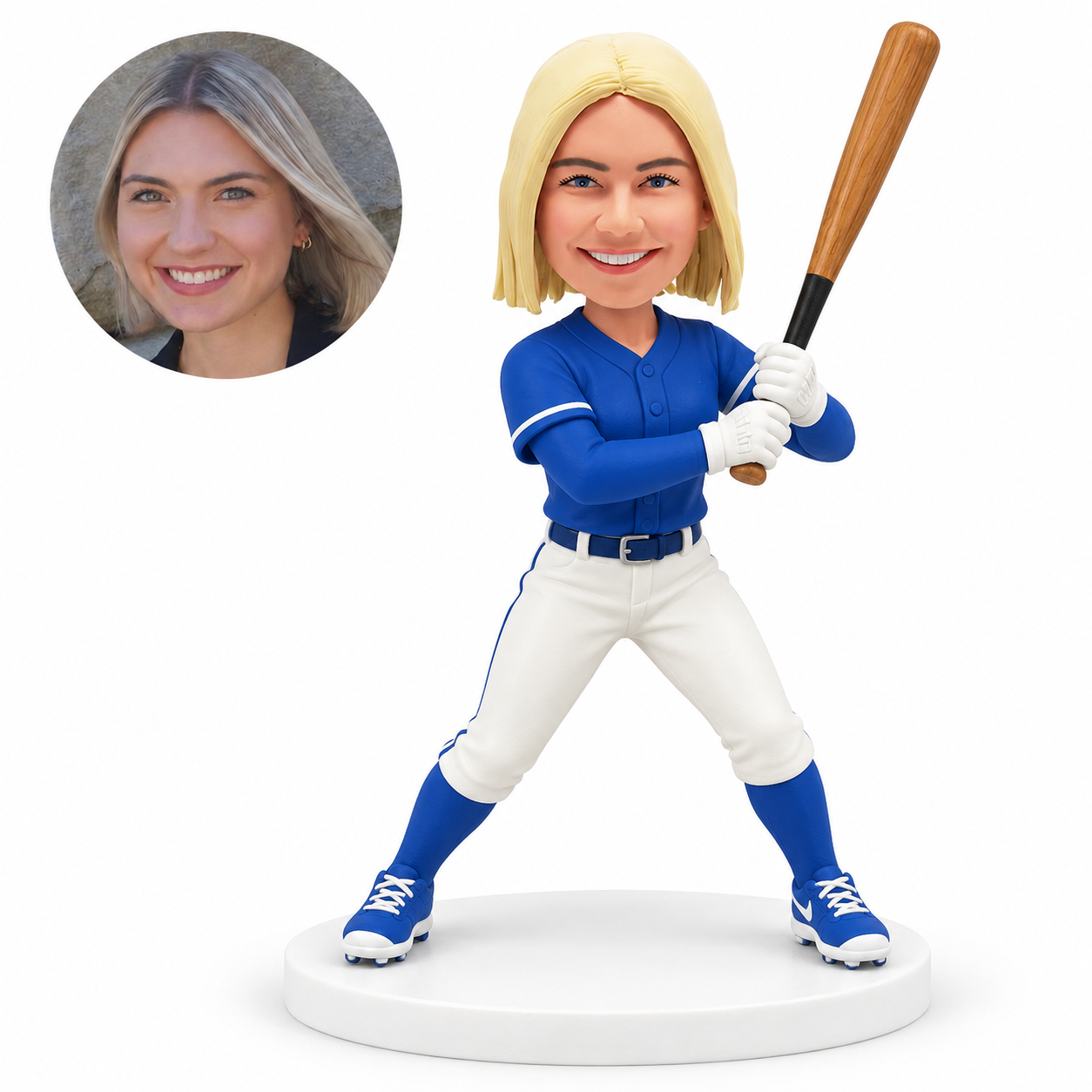 custom bobblehead figure female baseball batter holding an upright bat with both hands