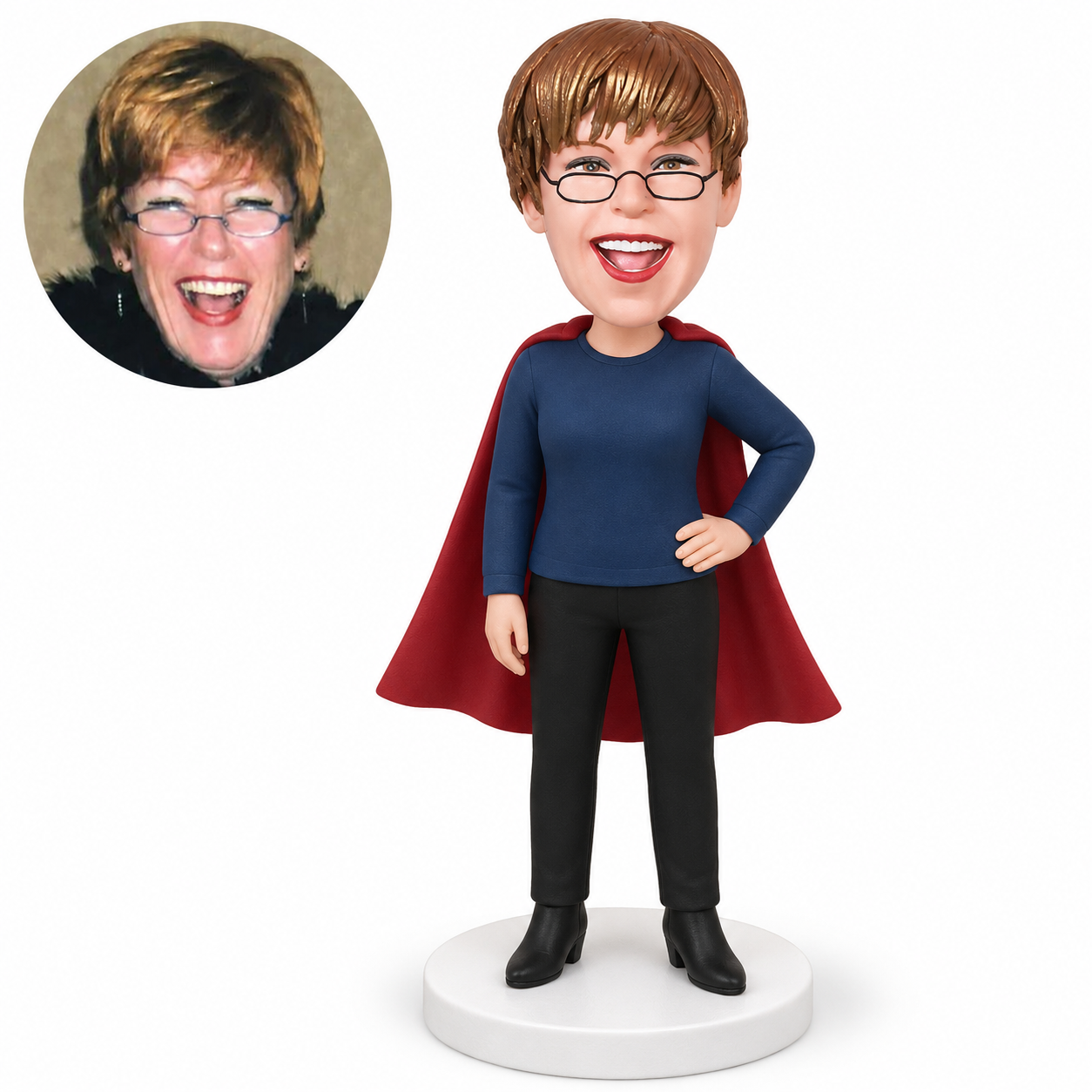 custom bobblehead figure woman in a cape with one hand on her hip and the other arm down