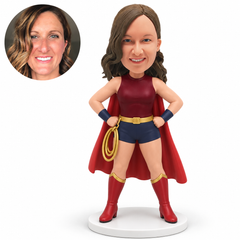 custom bobblehead figure female hero with both hands on her hips and a coiled golden lasso at her belt