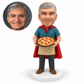custom bobblehead figure male hero in an apron holding a whole pizza