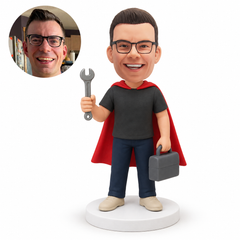 custom bobblehead figure male hero holding a wrench and carrying a toolbox