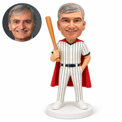 custom bobblehead figure male baseball hero holding a bat with the other hand in a pocket
