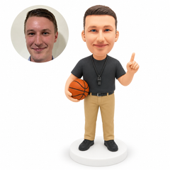 custom bobblehead figure male basketball coach holding a ball and raising one index finger
