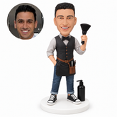 custom bobblehead figure male barber raising a neck brush beside a pump bottle