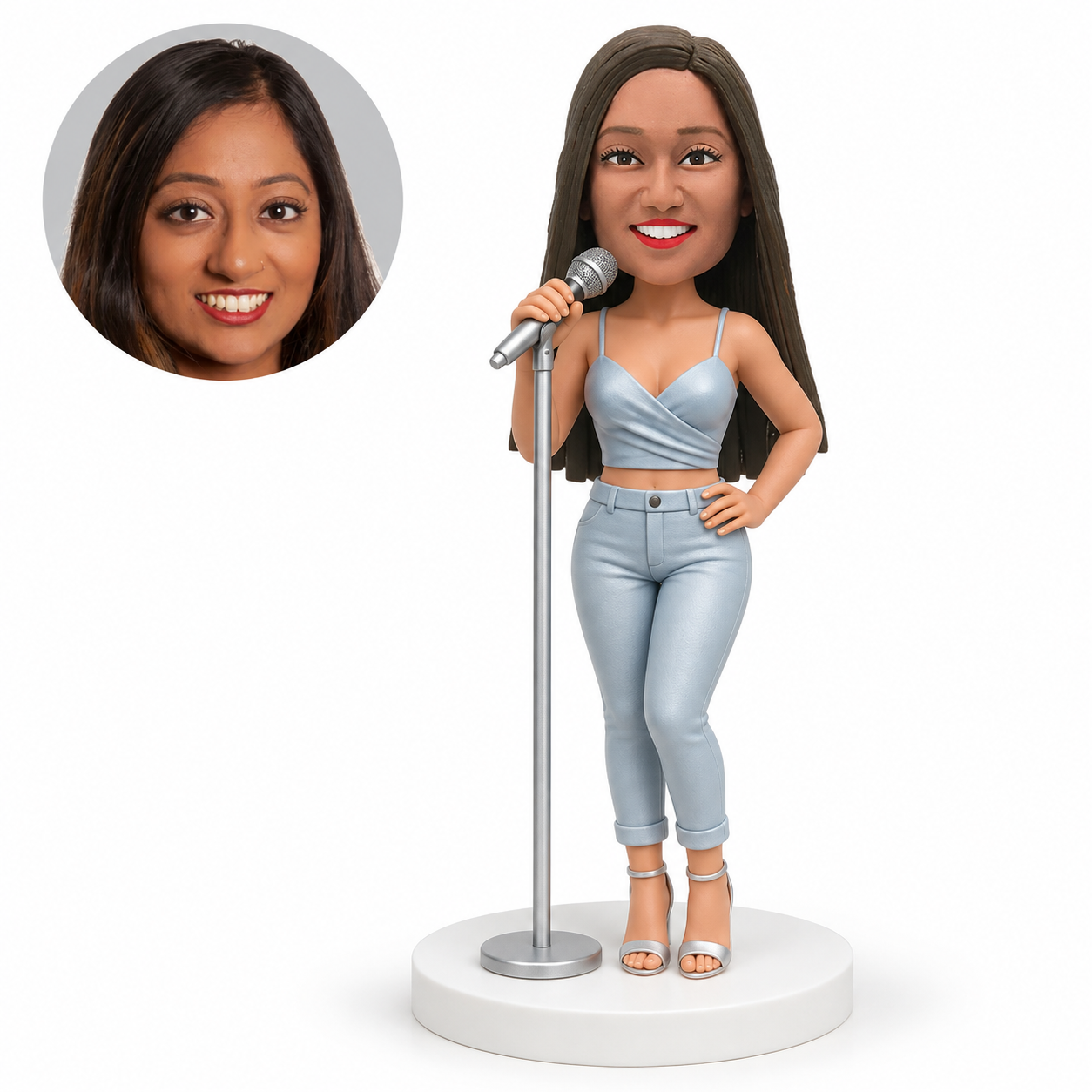 custom bobblehead figure female singer in a cropped top and trousers with a microphone stand