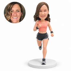 custom bobblehead figure female runner in a cropped sleeveless top and running shorts