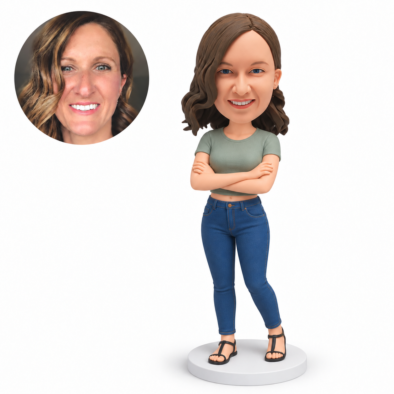 custom bobblehead figure woman in a cropped short-sleeve t-shirt and jeans with her arms crossed – original polymer-clay sculpture head and matching photo