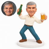 custom bobblehead figure man bending his knees while raising a beer bottle and frothy beer mug