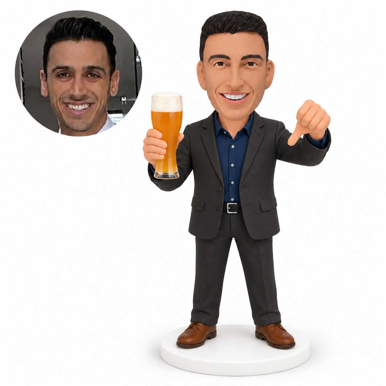 custom bobblehead figure man in a suit holding a beer glass and giving a thumbs-down gesture