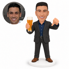 custom bobblehead figure man in a suit holding a beer glass and giving a thumbs-down gesture