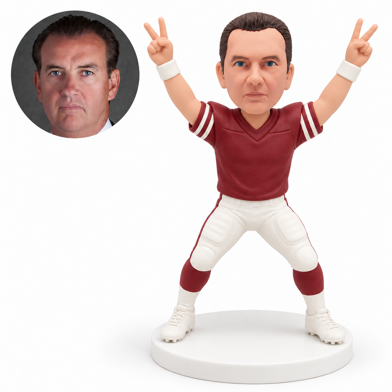 custom bobblehead figure male football player celebrating with both arms raised in peace signs