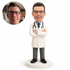 custom bobblehead figure male doctor in a long lab coat standing with folded arms