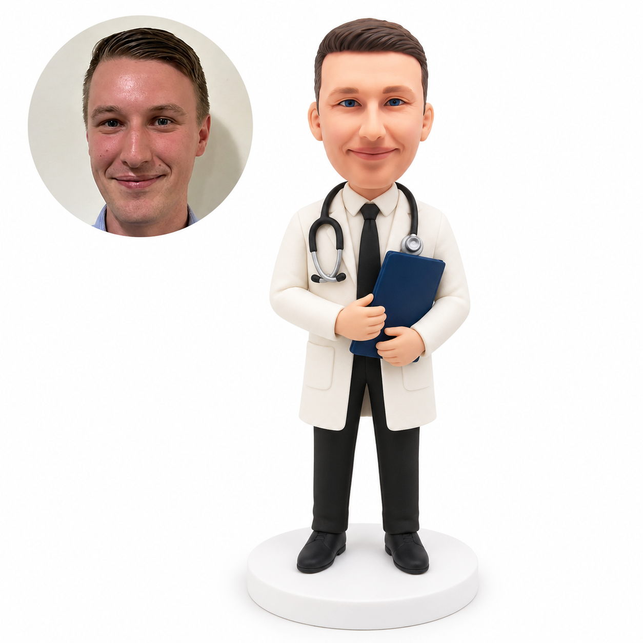 custom bobblehead figure male doctor holding a medical folder with both hands against his chest