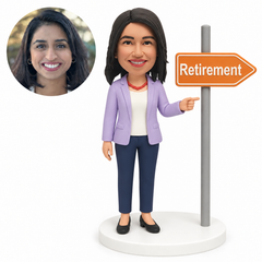 custom bobblehead figure retired businesswoman pointing toward an arrow street sign