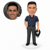 custom bobblehead figure male baseball umpire holding a face mask with one hand in his pocket