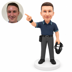 custom bobblehead figure male baseball umpire pointing outward while holding a face mask