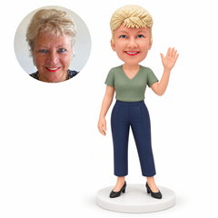 custom bobblehead figure woman in a V-neck top and cropped trousers waving
