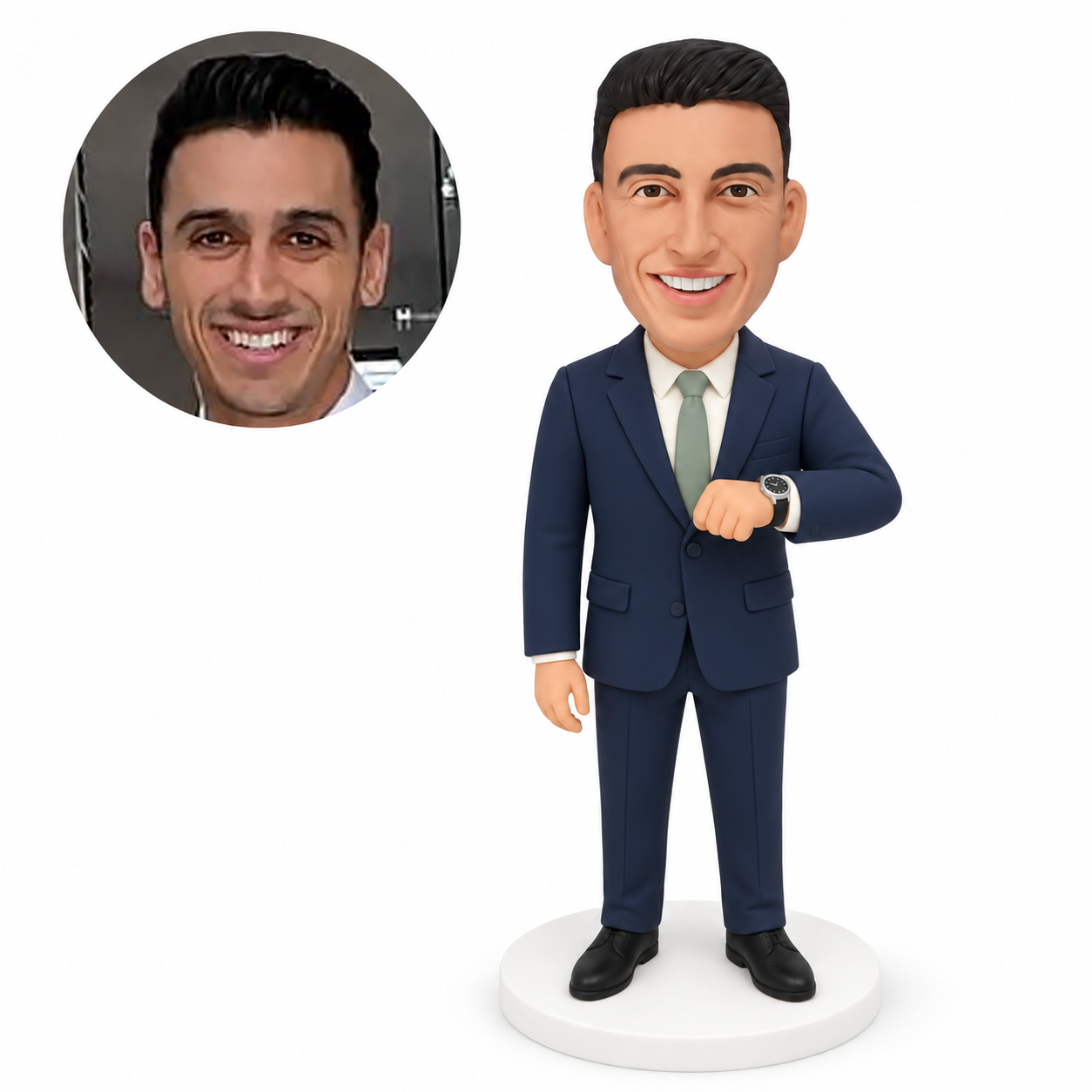 custom bobblehead figure businessman in a suit presenting his wristwatch with one forearm raised