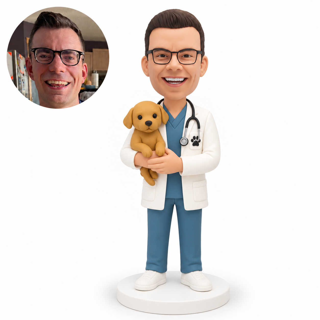custom bobblehead figure male veterinarian cradling an upright dog against his chest