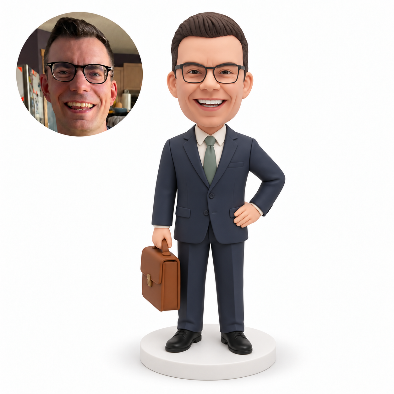 custom bobblehead figure businessman carrying a briefcase by its handle with his other hand on his hip