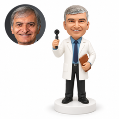 custom bobblehead figure male ophthalmologist holding an upright examination instrument and a closed book at his side