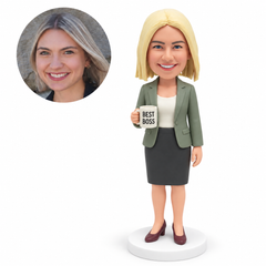 custom bobblehead figure woman in a skirt suit holding a mug with her other arm down MGA-AC1204