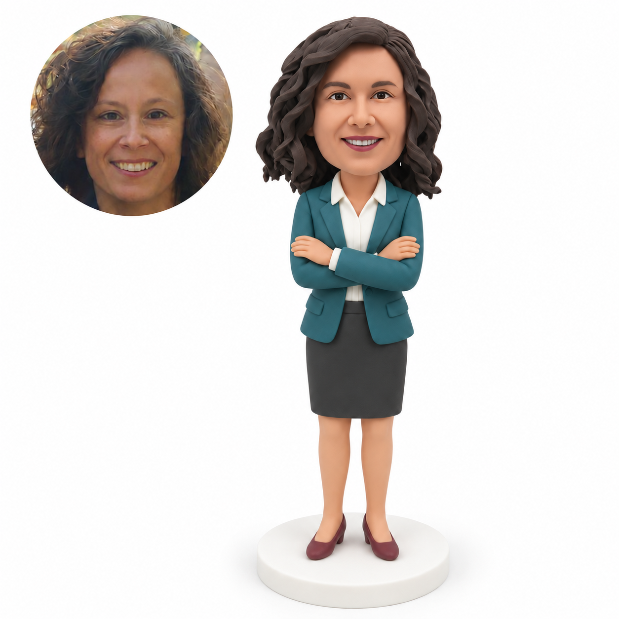 custom bobblehead figure woman in a skirt suit standing with her arms crossed MGA-AC1209