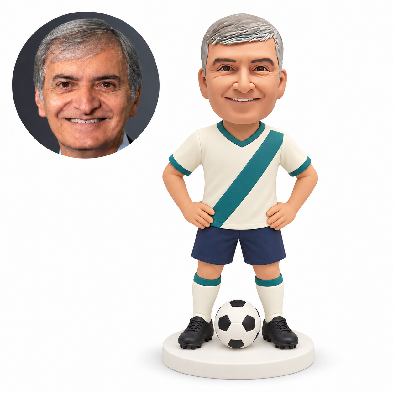 custom bobblehead figure male soccer player standing with both hands on his hips and a ball between his feet