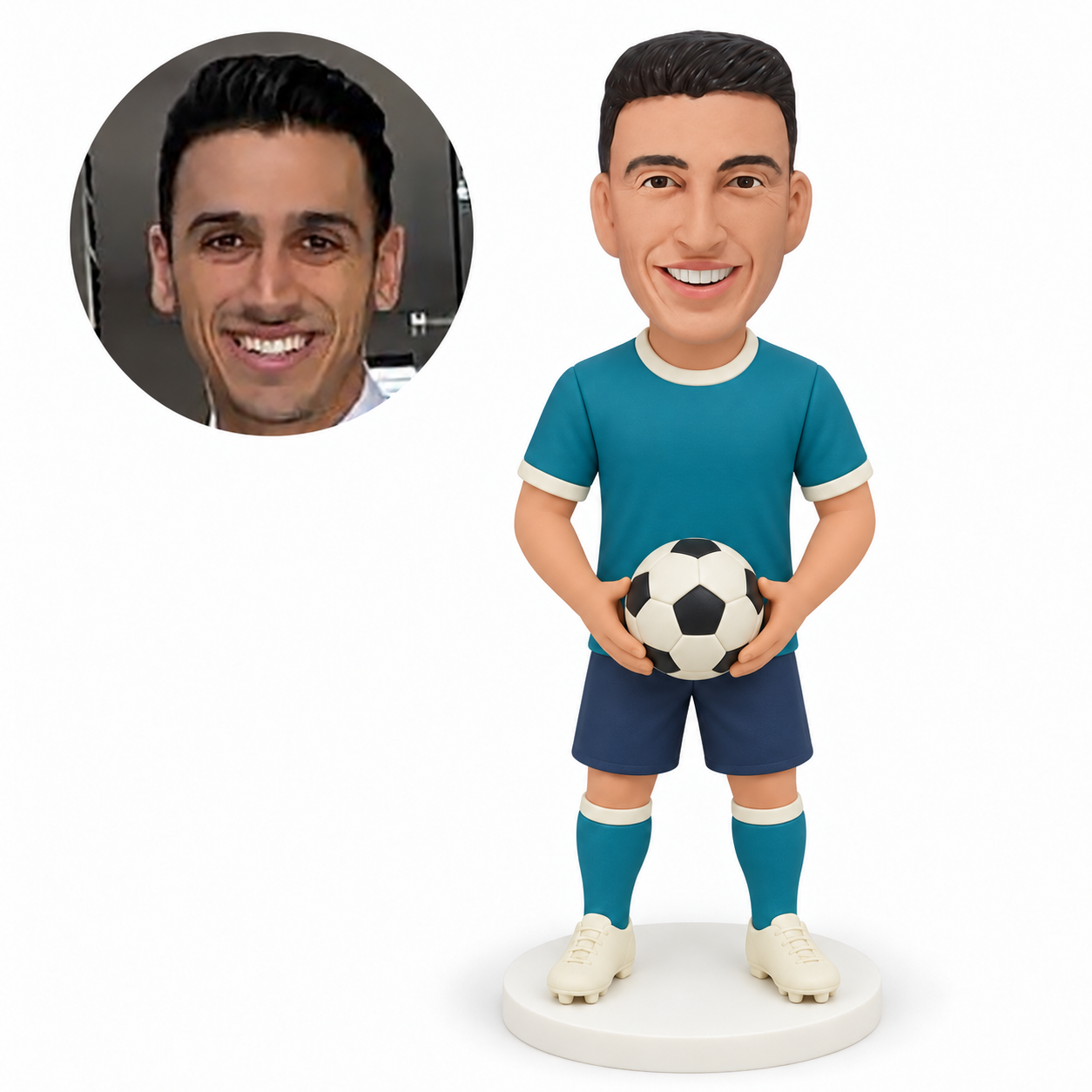 custom bobblehead figure male soccer player holding a ball low at his waist with both bare hands