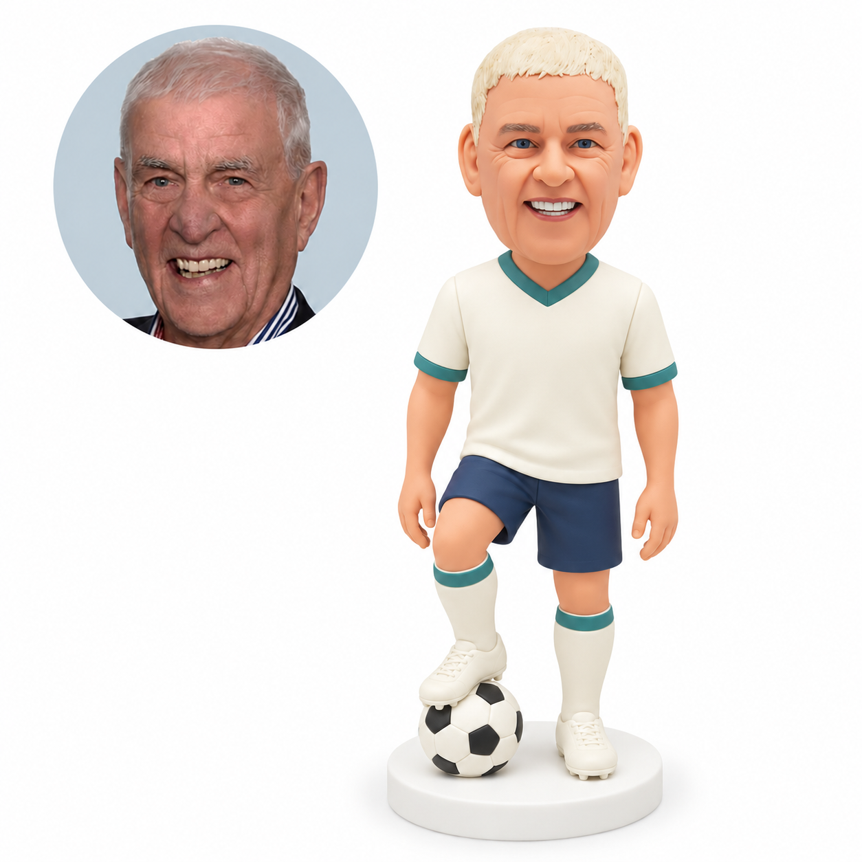 custom bobblehead figure male soccer player with both arms down and one foot resting on a ball