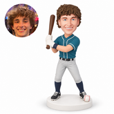 custom bobblehead figure male baseball batter holding a raised bat beside a baseball at his foot