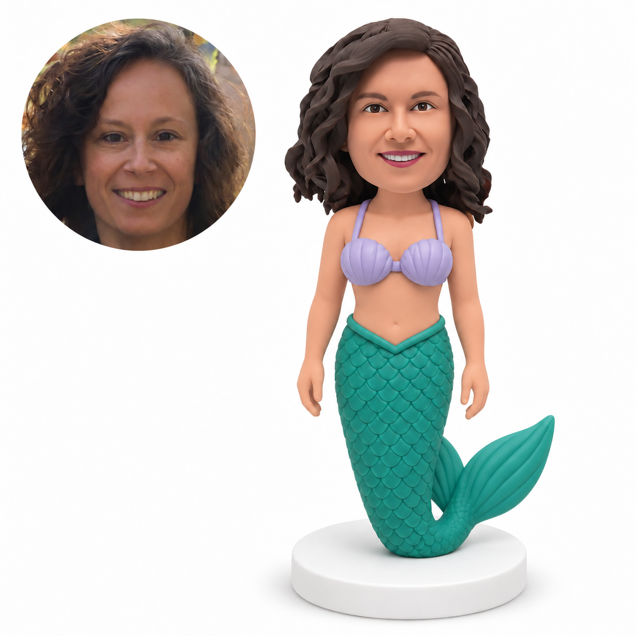 custom bobblehead figure mermaid with her arms down and an upward-curving tail fin