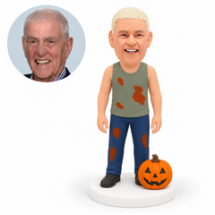 custom bobblehead figure man in a distressed tank top with a jack-o-lantern beside his foot