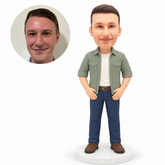 custom bobblehead figure man in an open overshirt resting both palms against the front of his hips MGA-AC1231