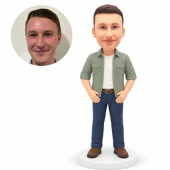 custom bobblehead figure man in an open overshirt resting both palms against the front of his hips MGA-AC1231