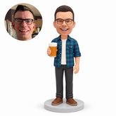 custom bobblehead figure man in an open plaid shirt holding a pint beer glass MGA-AC1253