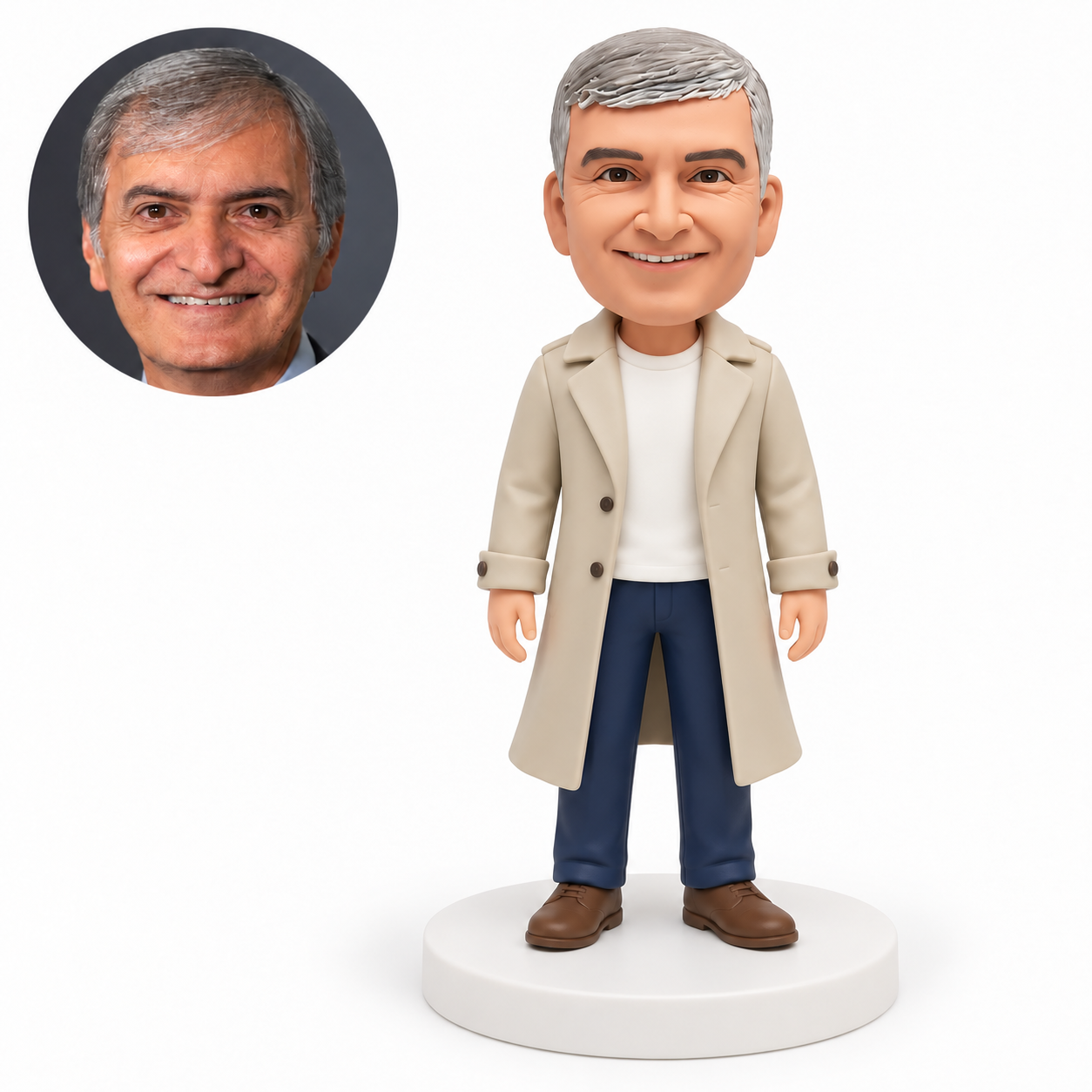 custom bobblehead figure man in a trench coat standing with both arms down MGA-AC1256