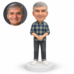 custom bobblehead figure older man in a rolled-sleeve plaid shirt with both hands clasped in front MGA-AC1258