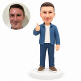 custom bobblehead figure man in an open jacket giving a thumbs up near his shoulder MGA-AC1259