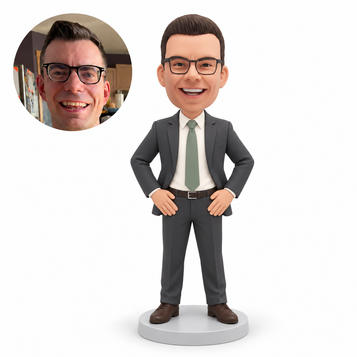 custom bobblehead figure business man in a suit resting both palms against the front of his hips MGA-AC1262