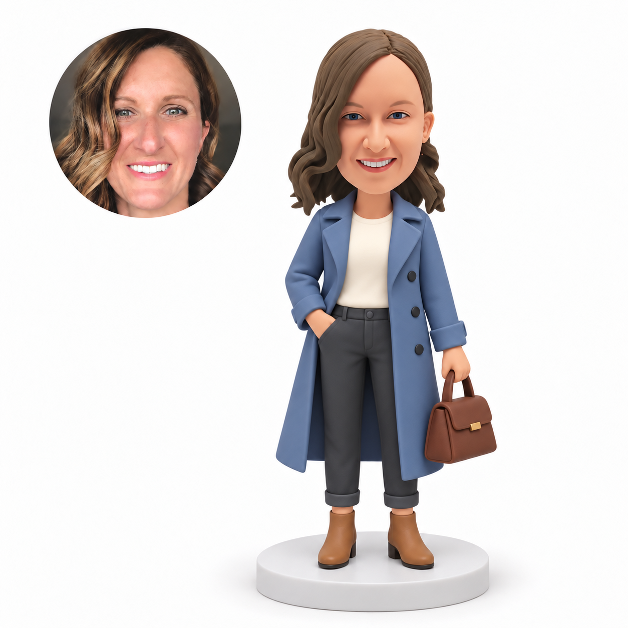 custom bobblehead figure woman in a trench coat carrying a handbag with one hand in a trouser pocket MGA-AC1269