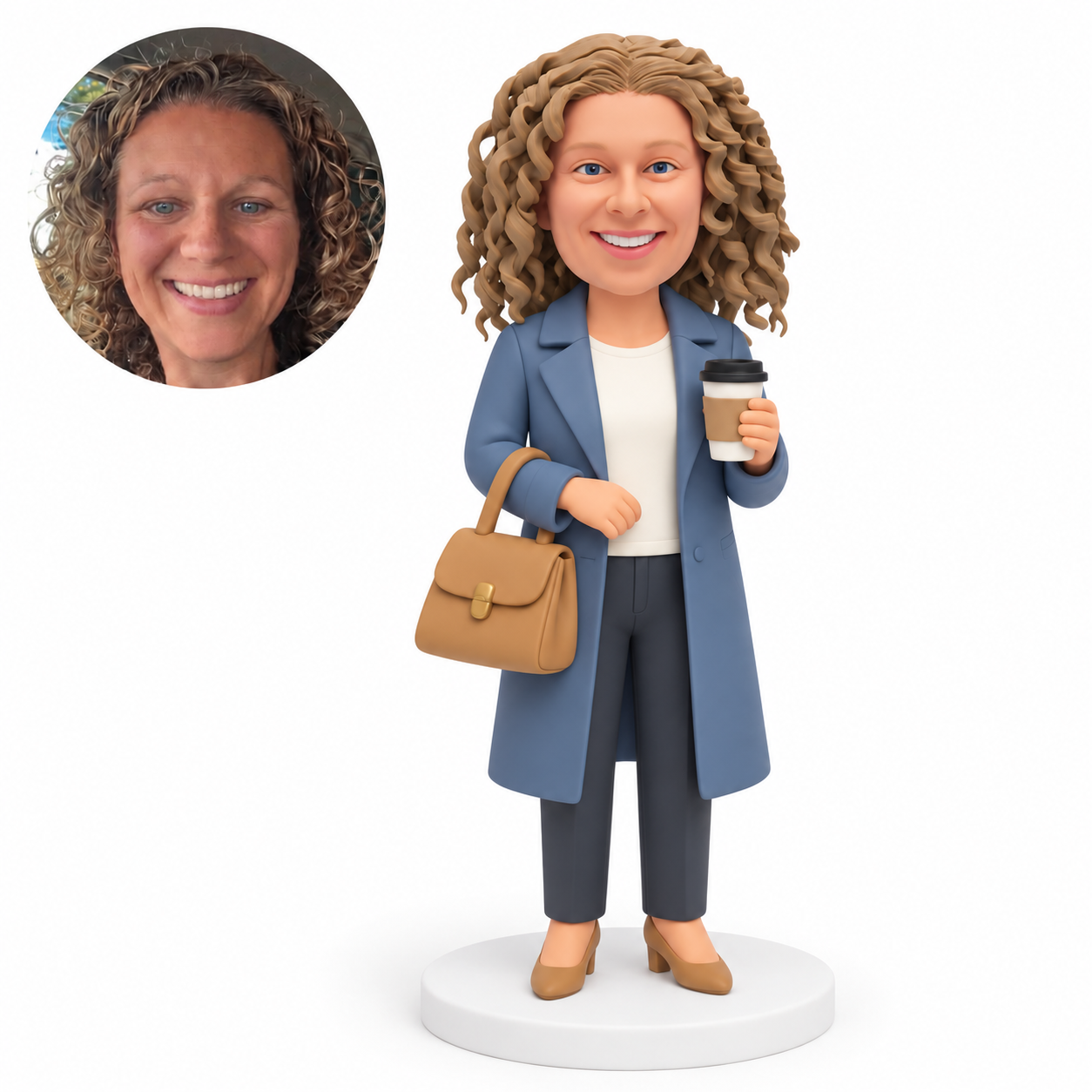 custom bobblehead figure woman in a trench coat holding coffee with a handbag on her elbow MGA-AC1276