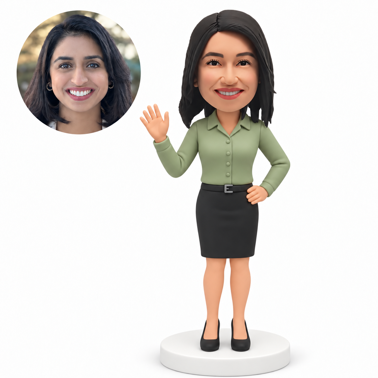MGA-AC1287 custom bobblehead figure woman in a blouse and pencil skirt waving with one hand on her hip