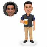 MGA-AC1289 custom bobblehead figure male bartender in a waistcoat holding a beer mug with his other arm down