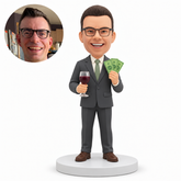 MGA-AC1290 custom bobblehead figure businessman in a suit holding a wine glass and banknotes