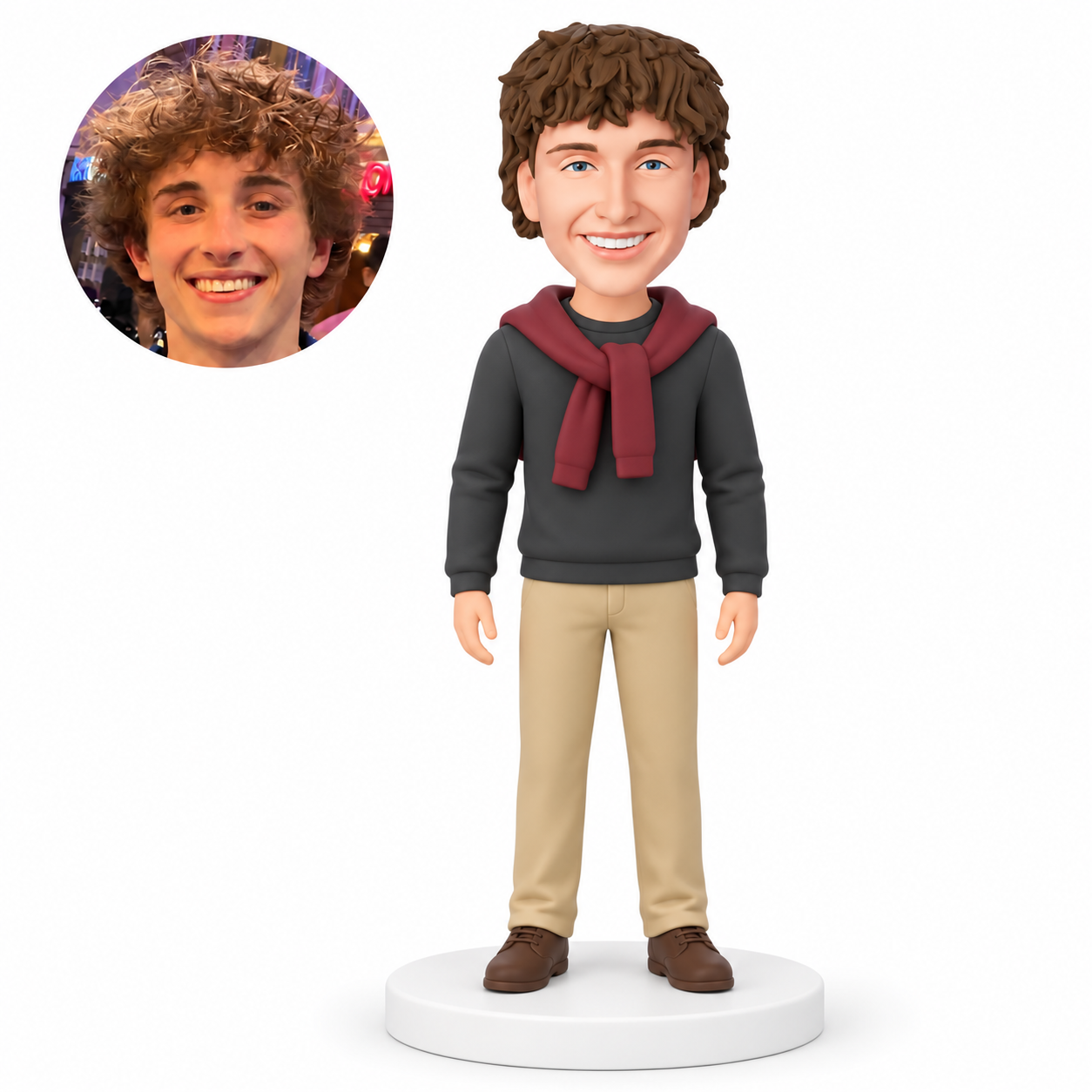 MGA-AC1293 custom bobblehead figure man in a sweater with a second sweater draped over his shoulders and both arms down